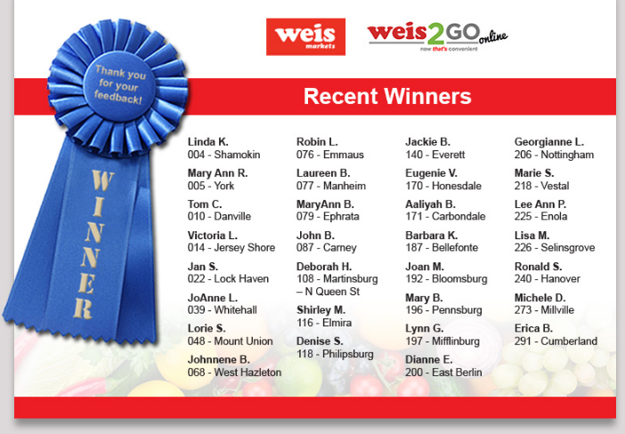 Weis Customer Satisfaction Survey July 2025 Recent Winners