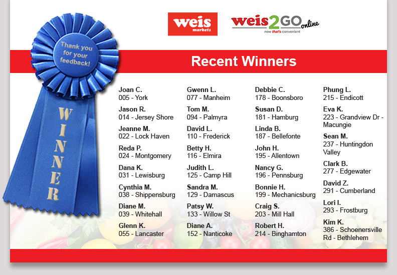 Weis Customer Satisfaction Survey August 2025 Recent Winners